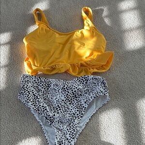 Yellow Ruffle Bikini Top and Black White Polka Dot Bottoms